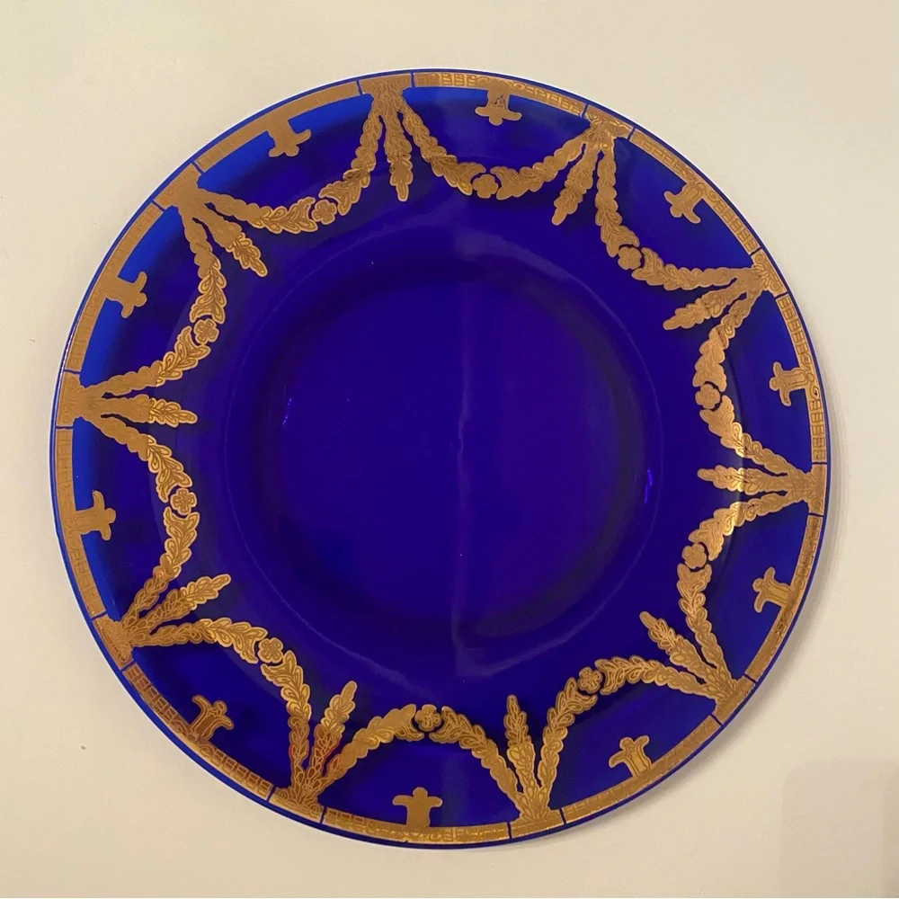 PLATE CHARGER PLATTER VINTAGE BLUE GLASS GOLD LEAF HOME DINING DINNER SERVEWARE